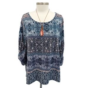 Dressbarn‎ Womens 2X Blue Print Blouse Scoop Neck Boho Festival Top